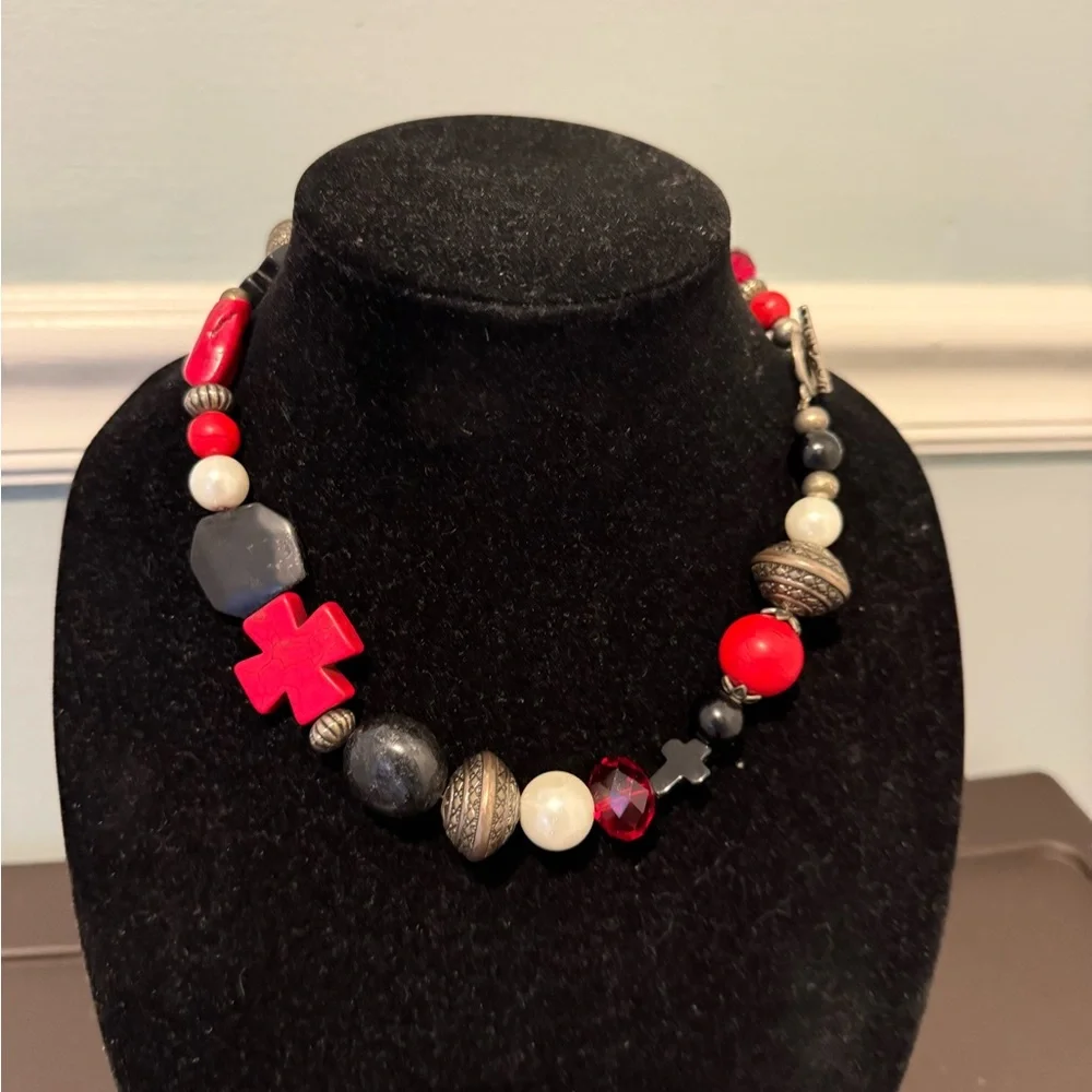 handmade bohemian-style red, black, and silver stone and metal beaded necklace